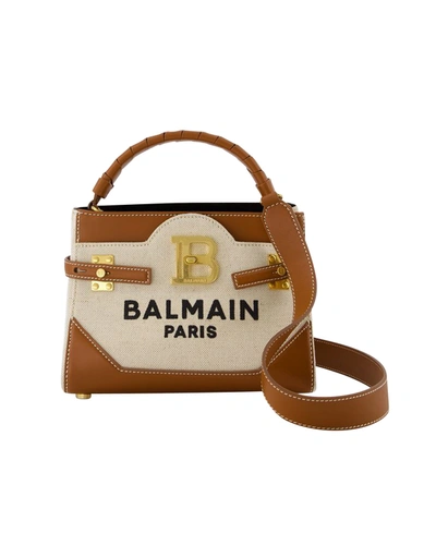 Balmain Bbuzz 22 Canvas & Leather Top Handle Bag In Beige