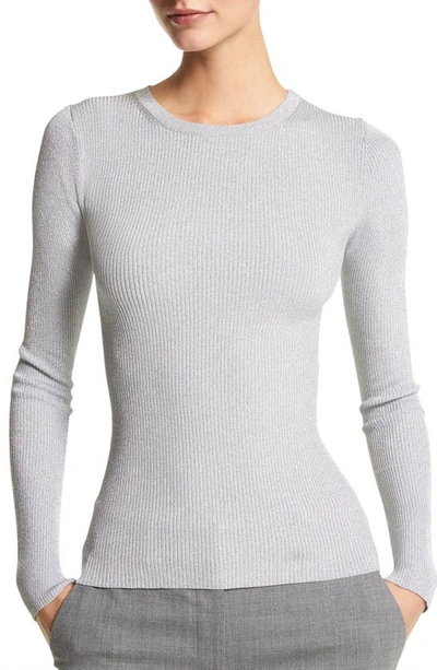Michael Kors Metallic Rib Long-sleeve Crewneck Sweater In Silver