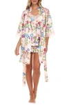 FLORA NIKROOZ SABRINA FLORAL PRINT SATIN SHORT PAJAMAS & ROBE SET