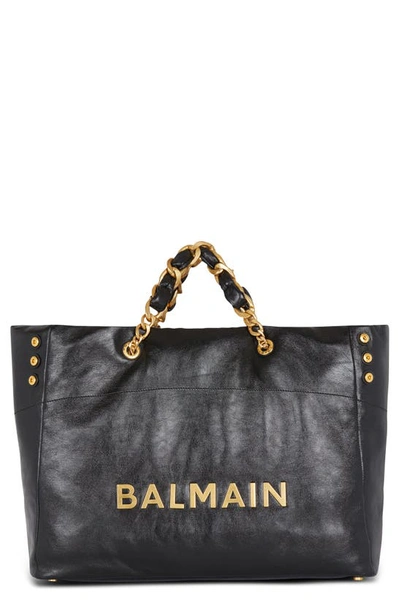 Balmain 1945 Cabas Xxl Crinkled Leather Shoulder Bag In Black