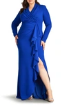Tadashi Shoji Ruched Long Sleeve Column Gown In Mystic Blue