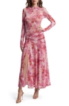 Bardot Lea Tie Dye Ruched Long Sleeve Mesh Maxi Dress In Pink Tie Dye