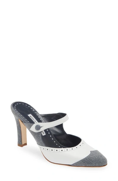 Manolo Blahnik Agathanu Denim Perforated Leather Mule Pumps In Greywhite