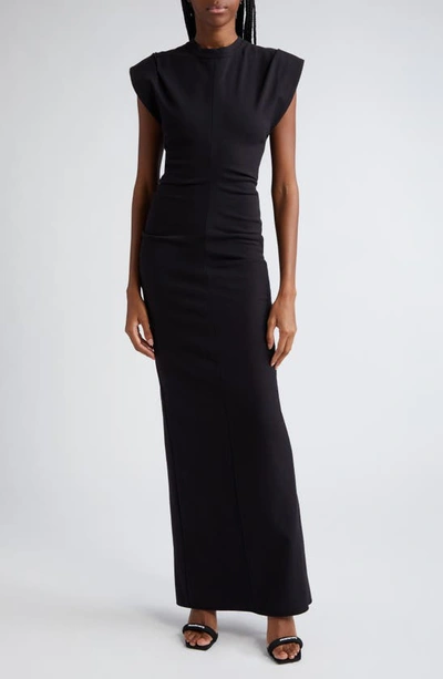 Alexander Wang Crewneck Ribbed Jersey Maxi Dress With Back Slit And Draped Detail In Black