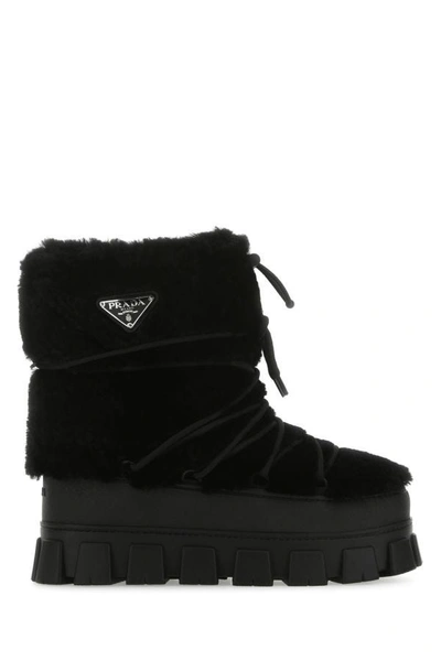 Prada Man Black Shearling And Rubber Ankle Boots