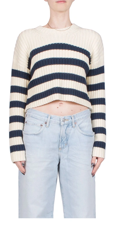 Denimist Striped Ribbed Cropped Sweater In Ecru