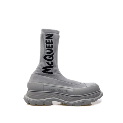 Alexander Mcqueen Sock-style Logo-print Boots In Gray