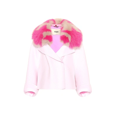Fendi Fur Collar Cashmere Cape Jacket In Pink