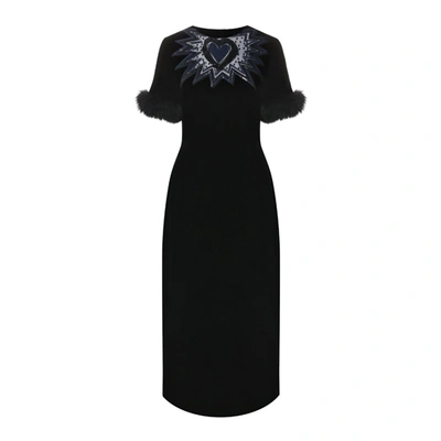 Fendi Fur Trim Velvet Midi Dress In Black