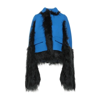 Maison Margiela Faux Fur Trimmed Cape Jacket In Blue