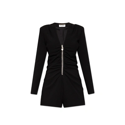 Saint Laurent V-neck Ruched Zip-up Jumpsuit In Black