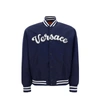 Versace Logo Embroidered Buttoned Jacket In Blue
