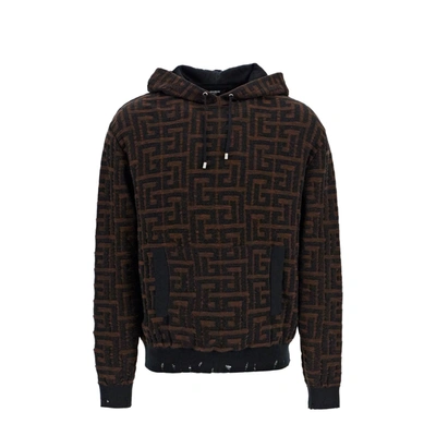 Balmain Hooded Monogram Sweatshirt In Brown