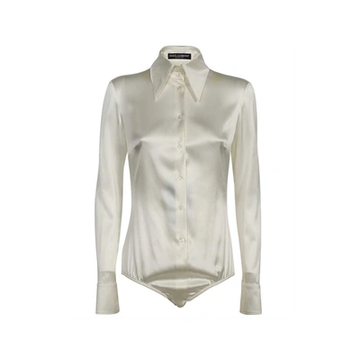 Dolce & Gabbana Collared Long-sleeve Silk Bodysuit In White
