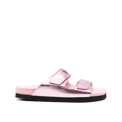 Palm Angels Metallic Logo Dual-buckle Slide Sandals In Pink