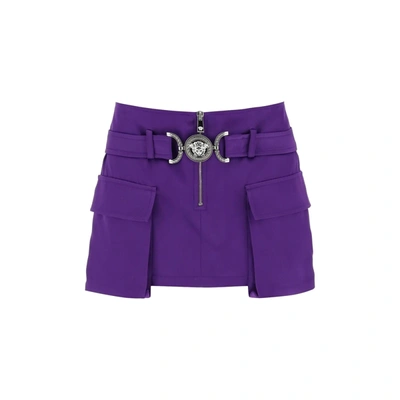Versace Medusa Belted Duchesse Satin Mini Cargo Skirt In Purple