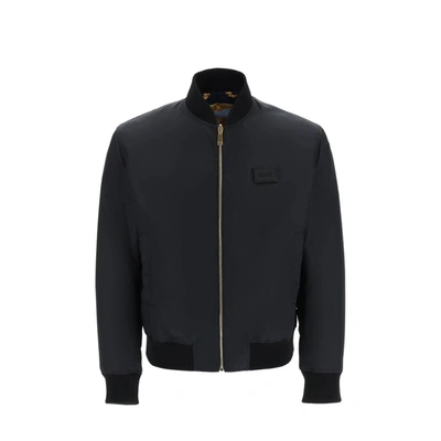 Versace Man Black Nylon Reversible Bomber Jacket In Blue