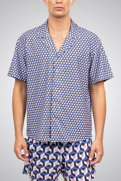 D.rt 3drt Print Short Sleeve Stretch Button-up Shirt In Blue