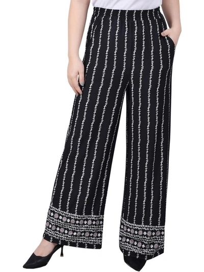 Ny Collection Plus Size Wide Leg Pull On Pants In Black Floral Border