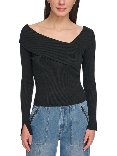Dkny Jeans Womens Ribbed Asymmetrical Neck Pullover Sweater In Black