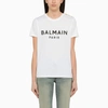 Balmain White Crewneck T-shirt With Logo Print And Golden Buttons In Jersey Woman In White