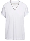 BRUNELLO CUCINELLI WHITE V-NECK T-SHIRT WITH  MONILE DETAIL IN STRETCH COTTON WOMAN BRUNELLO CUCINELLI