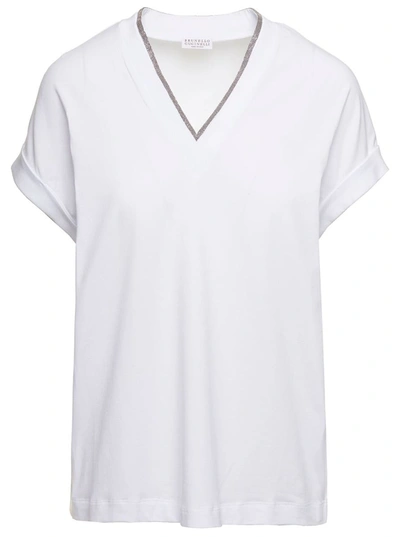 Brunello Cucinelli White V-neck T-shirt With  Monile Detail In Stretch Cotton Woman