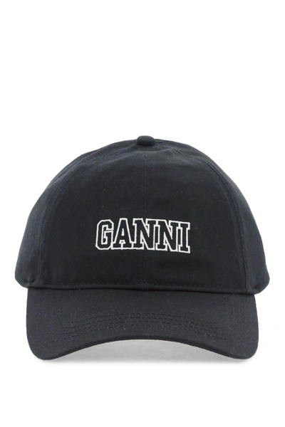 Ganni Logo-embroidered Cotton Cap In Black