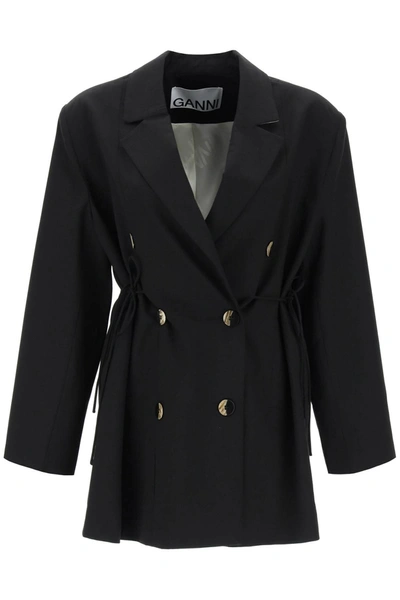 Ganni Double-breasted Blazer With Self-tie Strings In Black