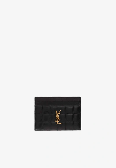 Saint Laurent Cassandre Crocodile-embossed Cardholder In Black