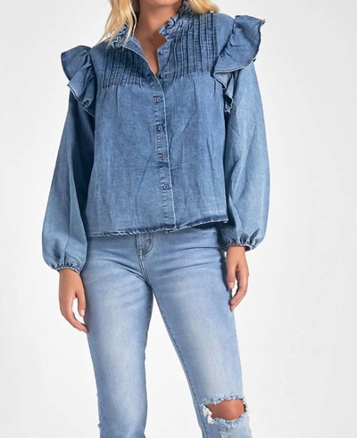 Elan Denim Long Sleeve Ruffle Top In Blue