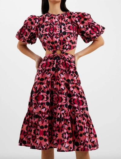 French Connection Puff Sleeve Midi Dress With Ring Detail Cut Out In Pink And Black Geo Print In Multi
