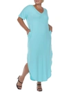 White Mark Plus Size Short Sleeve V-neck Maxi Dress In Blue