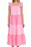 English Factory Flutter Sleeve Colorblock Cotton Midi Dress In Pink