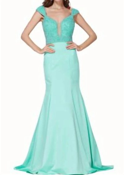 Angela & Alison Satin Beaded Gown In Aqua In Blue