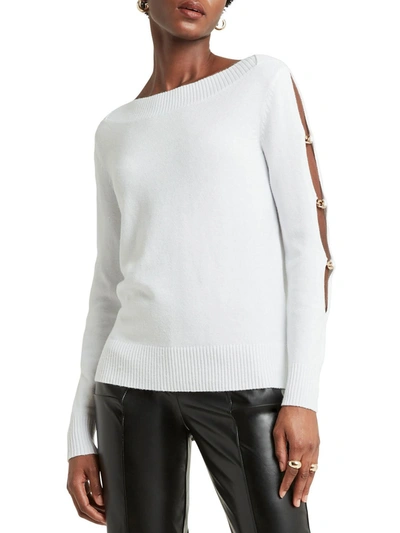 H Halston Womens Cut Out Knit Pullover Sweater In White