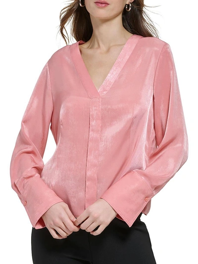Dkny Womens Satin V-neck Blouse In Pink