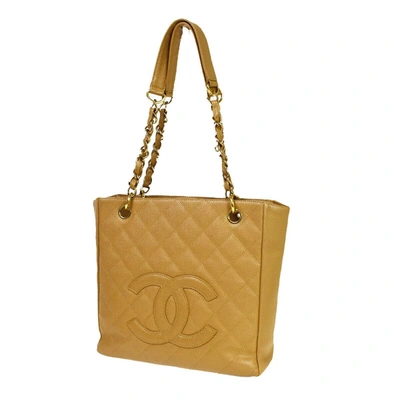 Pre-owned Chanel Pst (petite Shopping Tote) Leather Shoulder Bag () In Beige