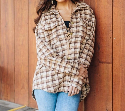 Southern Grace Autumn Sunsets Plaid Flannel Long Sleeve Button Top In Beige