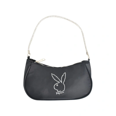 Playboy Nylon Handbag With Rhinestone Handle And Rhinestone Bunny In Black