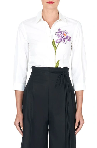 Carolina Herrera Floral Embroidered Three Quarter-sleeve Blouse In White Multi