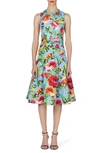 Carolina Herrera Floral-print Midi Dress With Twist Waistband In Lake Blue Multi