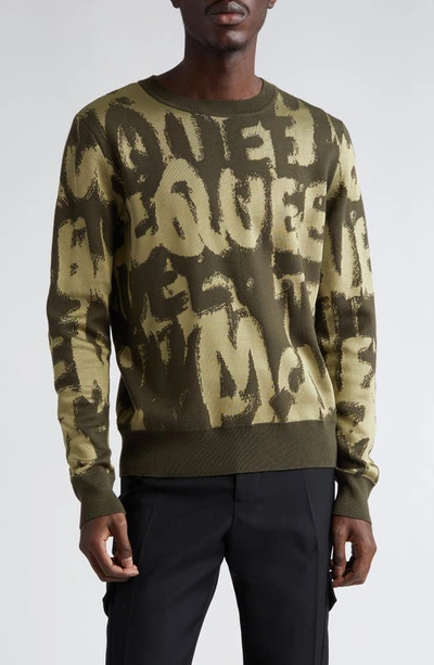 Alexander Mcqueen Crew Neck Wool Blend Sweater With All-over Jacquard Logo In Green