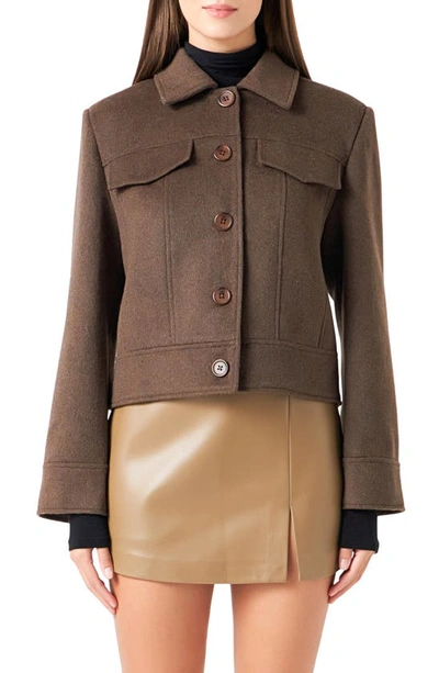 Endless Rose Structured Wool Blend Crop Jacket In Chocolate