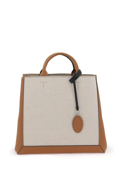 Tod's Canvas & Leather Tote Bag In Beige,brown