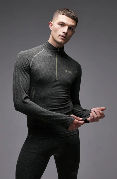 Topman Sno Soft Stretch Zip Through Long Sleeve Seamless Ski Base Layer Top In Khaki-green