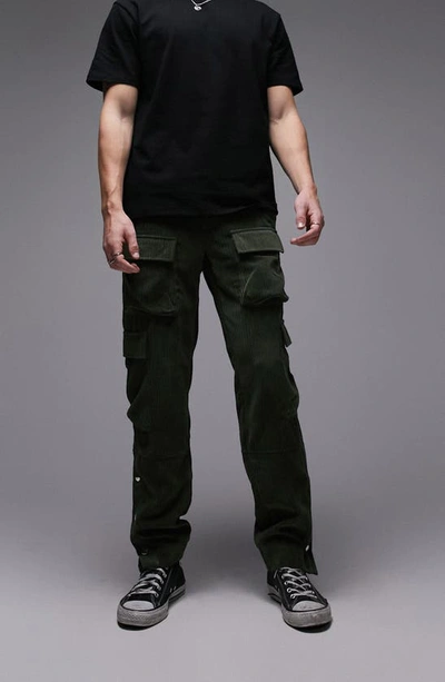 Topman Relaxed Cord Cargo Pants In Khaki-green