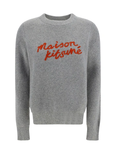 Maison Kitsuné Logo Embroidered Knit Jumper In Light Grey Melange