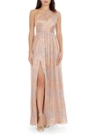 DRESS THE POPULATION KIENNA METALLIC CUTOUT DETAIL ONE-SHOULDER GOWN