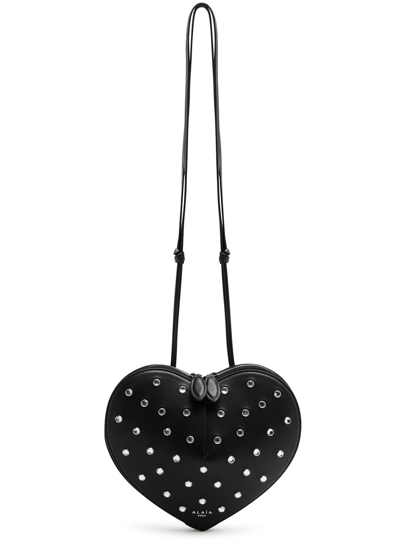 Alaïa Black Leather Le Coeur Bag With Crystals In Black And Silver